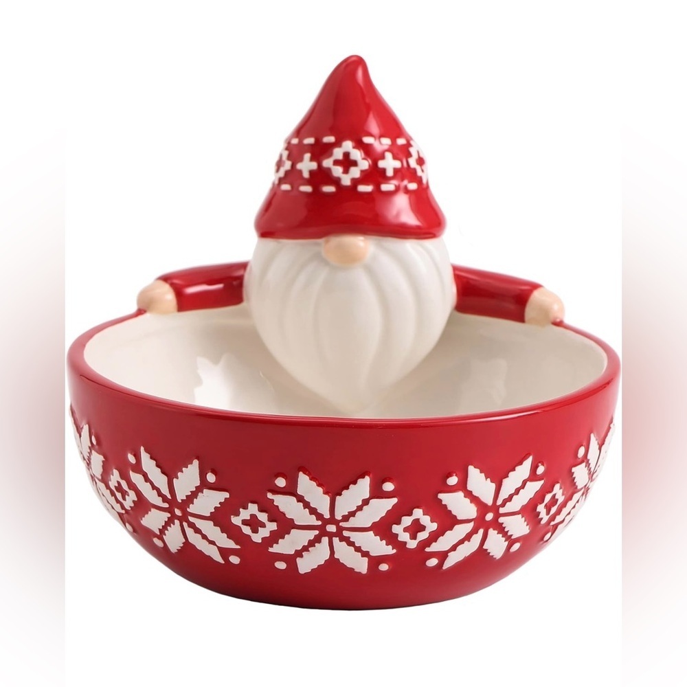 Nordic Star Fair Isle Red Gnome Ceramic 19oz Candy Bowl, NIB